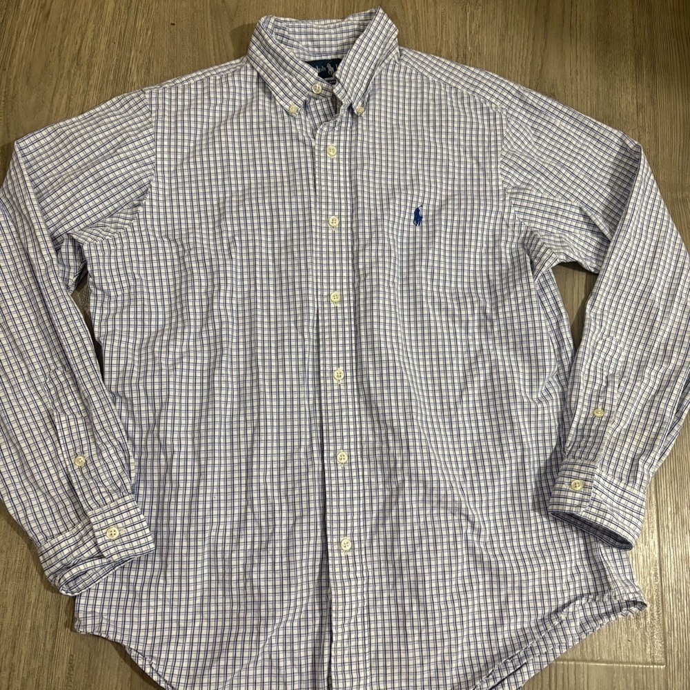 Ralph Lauren Dress Shirt Mens M Blue White Check Gingham Classic Fit Long Sleeve